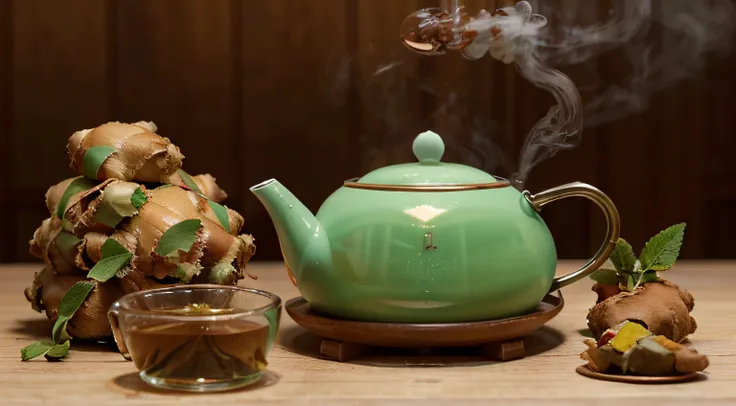 Imagem de (((Tea with ginger, canela, Mint))), sendo colocado em uma xicara, with a kettle smoking showing various ingredients of what it is made of, quero muito nitidez com todos os detalhes possiveis nesta imagem.