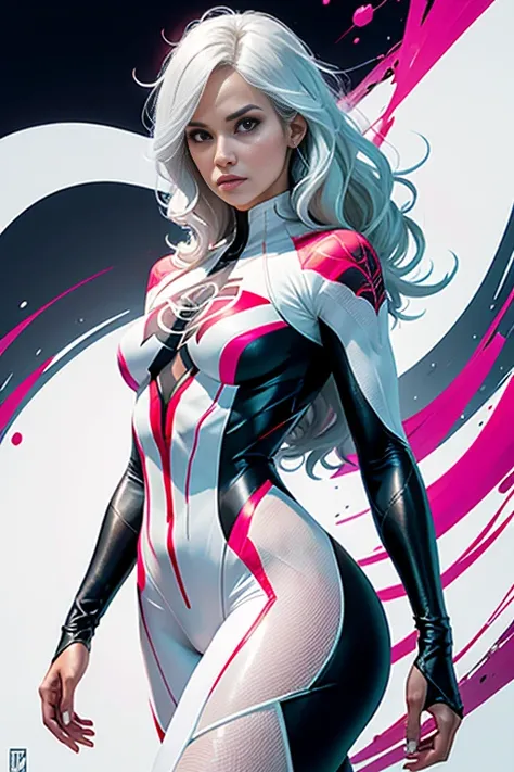 spider gwen, Hot, partial , hightquality, Dynamic Poses, Beautiful, Gorgeous, In love, White hair, Short suit, spider in a suit, white black red suit、Halle Berry