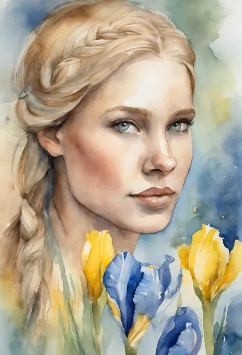 Scandinavian girl with yellow and blue iris, blond hair in braids, Stacia Burlington style, watercolor, soft color, Serene face, summer, close-up, Vintage images