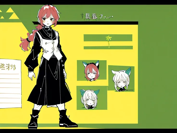 1girl in, ((Character information)、(Chara Leaf)、Type sheet, Character Sheets, Three types，Shot Full Body，Game Character Design，Colorful, Bright, hairlong, pony tail