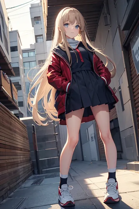 12 year old white girl, 150 cm tall, light brown silky long hair, calm navy blue eyes, zipped up red jacket, hands in pockets, short brown skirt, black and white sneakers