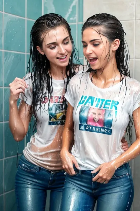 full body shot, (((a group of 25 years old women))), wearing ((t-shirt and skinny jeans)), (showering), (indoor), (looking at each other), playful, happy, (random face), (random hair), ultra detailed faces, masterpiece, best quality, hd, 8k, photorealistic...