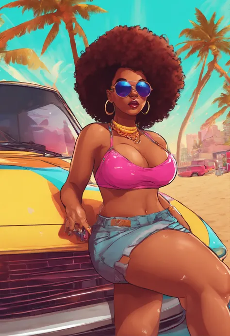 Generate Artwork , Glassmorphism, 1girl,solo,African American, large afro hair, sunglasses, large breasts, beach