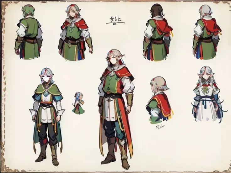 Video game character design, Drawing with Line Drawing, Multiple points of view, Best Quality,Masterpiece,hight resolution, elf, ((character concept art)), Video game character design, Detailed man with pale skin,Medium Hair, rogue, half-elf ,illustartion,...