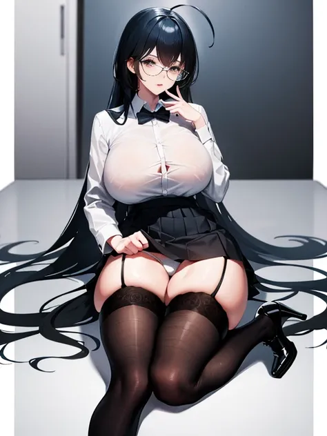 White shirt, thight, black hair, huge breasts, glasses, straight long hair, miniskirt, white panties, white thighhighs, glasses, thick thighs, long legs, high heels, black shoes, at the office, sitting on a desk, cock between thighs, masturbating someone w...