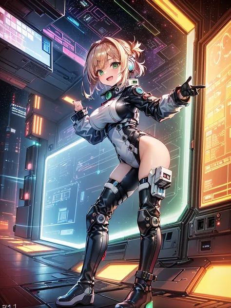 ​masterpiece:1.4, 1girl in ((20yr old, Wearing a tight, Futuristic metallic gray cyberpunk bodysuit,long boots, huge-breasted, Colorful blonde hair, Chignon,short-hair, Perfect model body, Green eyes:1.4, Wearing headphones, Flirting, Happy,  Looking out t...