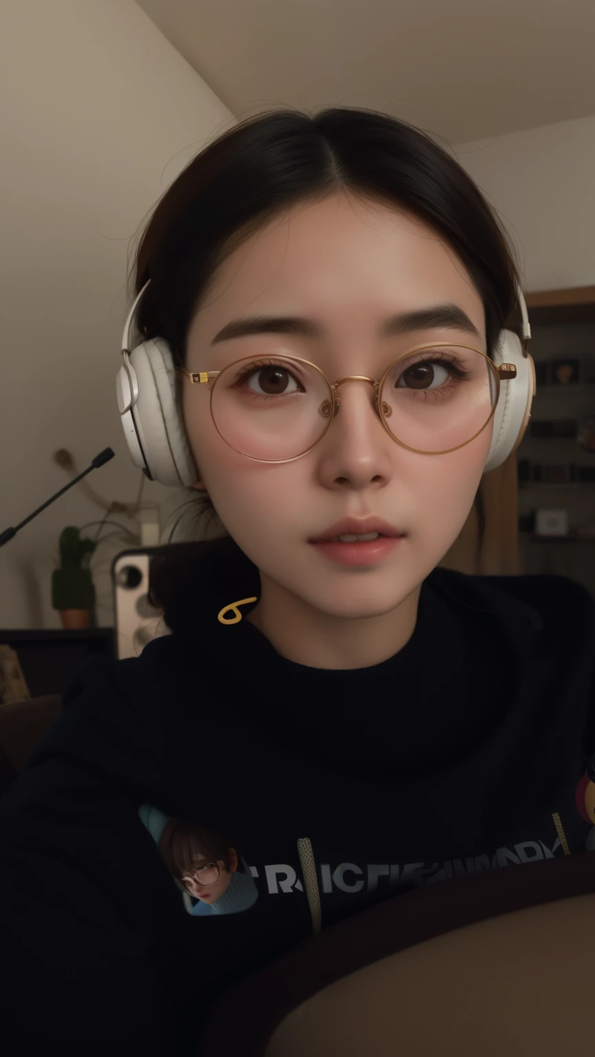 there is a woman wearing headphones and glasses on a sofa, Retrato Lofi, wearing thin large round glasses, thick glasses, menina lofi, Retrato de Lofi em uma janela, rosto bonito claro, korean symmetrical face, grandes copos redondos, wearing small round g...