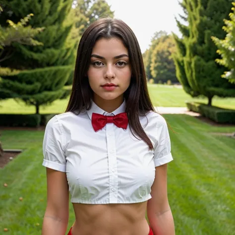 1girl, solamente, small breasts, falda de tirantes, Camisa blanca, red bowtie, feliz