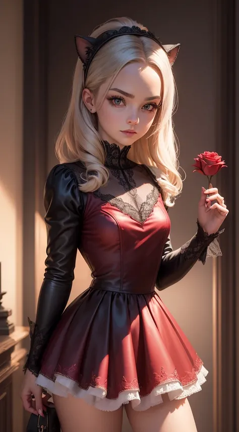 (Masterpiece - Ultra-Detailed, High Resolution)  sabrina spellman, a luz do luar, vestido vermelho, com seu gato preto, cabelos curtos brancos, olhos castanhos