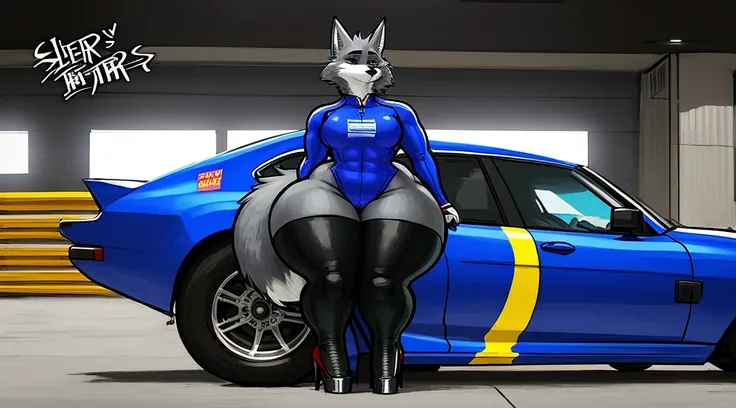 female, canine, canid, mammal, anthro, big butt, black nose, grey fur, half-closed eyes, huge thighs, legwear, tail, wide hips, high heels, race suit, bodysuit, racesuit, vehicle, sponsor, (sligarthetiger)