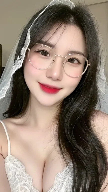 ((realistic, pale white skin:1.3,high resolution:1.3)), 1 girl with perfect figure, thin round glasses, smile, super fine face and eyes, long hair, white lace veil: 1.2 , in bedroom, sit on the bed, gigantic breasts, exposed cleavage