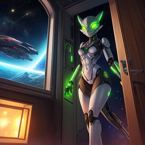 female, furry, metallic, robotic, android, robotic limbs, anthro, kobold, black and green, glowing eyes, no clothes, small breasts, thin body, curved thighs, standing in hallway, legs spread, in front of window, science fiction, stars, galaxy, star ships, ...