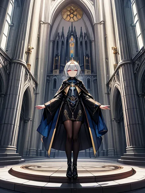 In a medieval-futuristic world, inside a cathedral, a church blends Gothic architecture with holographic tech. A girl bishop in futuristic attire with AI elements stands at the center, surrounded by a mix of religious icons and scientific symbols, creating...