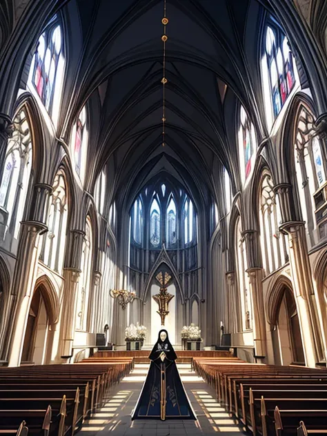 ighly detailed、inside the cyberpunk cathedral, a church that combines gothic architecture and holographic technology. a girl bis...