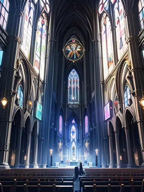 ighly detailed、inside the cyberpunk cathedral, a church that combines gothic architecture and holographic technology. a girl bis...