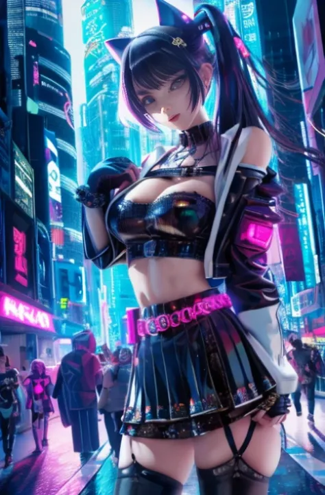 Anime illustration of cyberpunk girl, Looking at Viewer, Cowboy Shot, 
Confident girl with a slightly cheeky look, ((Pop costumes inspired by Harajuku)), Bold colors and patterns, Eye-catching accessories, Trendy and innovative hairstyles, Bright makeup, (...