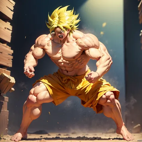 (Eine detaillierte Zeichnung von Son Goku, bodybuilding gym.), shirtless, barefoot