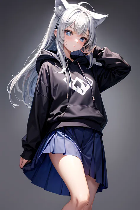 Girl with wolf ears wearing a dark blue hoodie, long skirt