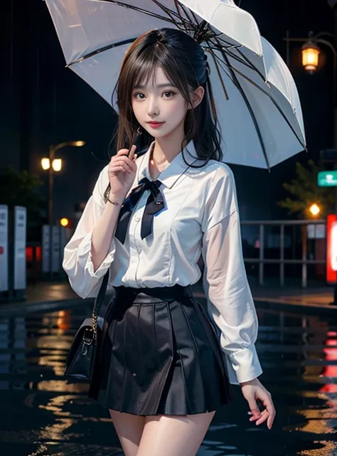 top-quality、Exquisite、A Japanese style、Kawaii Girl、a miniskirt、Holding an umbrella、City of Rains、