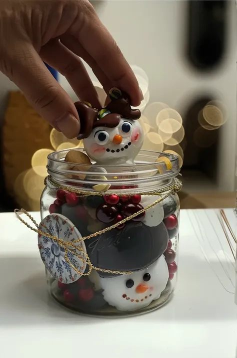 someone is putting a christmas cookie in a jar with a snowman, delicioso, frascos de vidro, festivo, Directed by: Emma Andijewska, Feliz!!!, handmade, por Kanbun Master, rosto redondo completo!, feriado, Random, Pescador, Awesome, frasco de vidro, ceramic,...