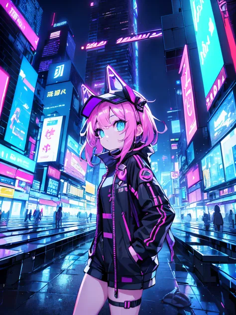 (top-quality)、((​masterpiece)、Cyberpunk city of the future 、Electronic visor attached to the face of a 12-year-old girl is looking out at the city from the roof of a building、Cyberpunk Fashion、Sexy Posing、Exposed skin、Neon lights in dark city at night,