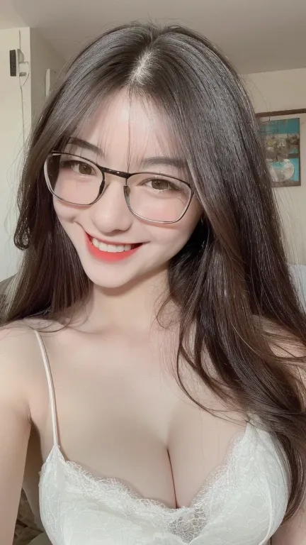 ((realistic, pale white skin:1.3,high resolution:1.3)), 1 girl with perfect figure, thin round glasses, smile, super fine face and eyes, long hair, white lace veil: 1.2 , in bedroom, sit on the bed, gigantic breasts, exposed cleavage