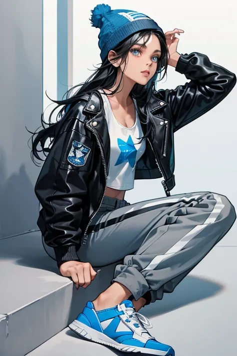 Hope has long, wavy loose black hair, blue eyeshadow, and tan skin. She wears a gray star tank-top underneath a black leather jacket, a blue knit hat, black and white pinstriped pants, and light blue sneakers with white accents, laces, and soles.