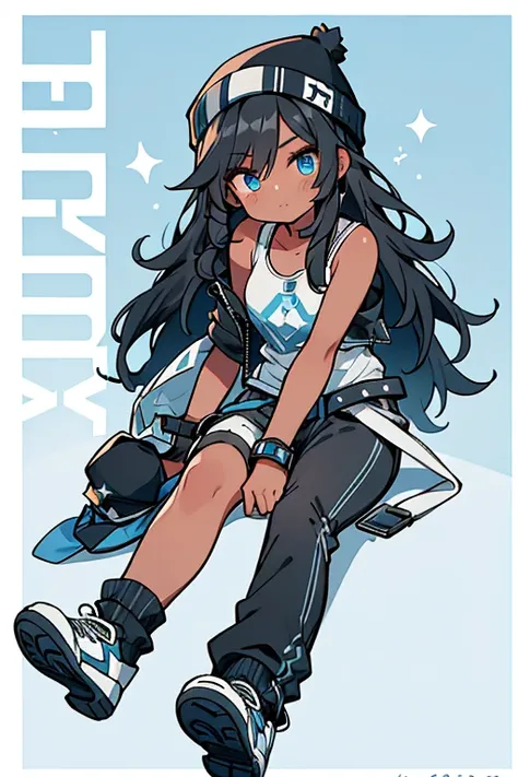 Hope has long, wavy loose black hair, blue eyeshadow, and tan skin. She wears a gray star tank-top underneath a black leather jacket, a blue knit hat, black and white pinstriped pants, and light blue sneakers with white accents, laces, and soles.