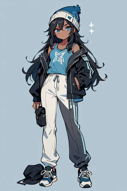 Hope has long, wavy loose black hair, blue eyeshadow, and tan skin. She wears a gray star tank-top underneath a black leather jacket, a blue knit hat, black and white pinstriped pants, and light blue sneakers with white accents, laces, and soles.