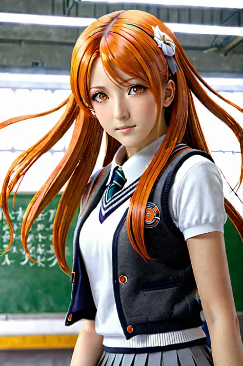 (best quality, ultra detailed, masterpiece), inoue orihime, orange hair, long hair, gray eyes, school uniform, hair ornament, sw...