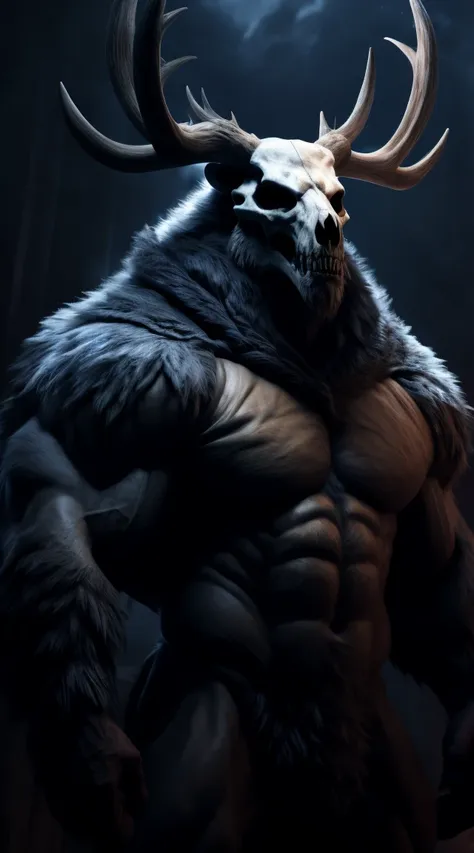 buff monster, muscular, abs, furry body, majestic fur mantle, wendigo skull, elk horns, muscular, giant, bear body, threatening,...