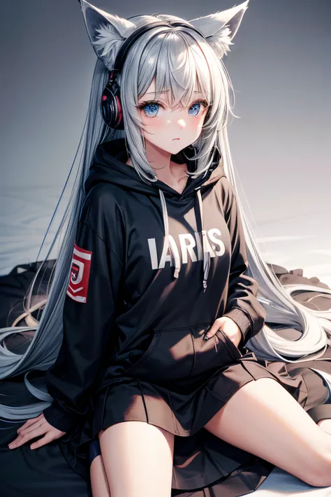 Teenage girl with long hair, wolf ears, wearing black hoodie and long skirt, blue eyes, grey background, wearing headphones