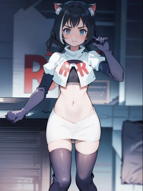karyl,low twintails, twintails, cat tail,team rocket,team rocket uniform,white skirt,crop top,black thigh-high boots,black elbow gloves,