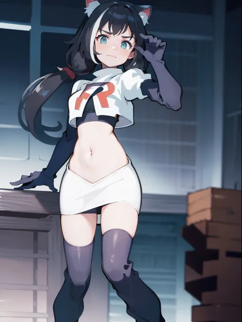 karyl,low twintails, twintails, cat tail,team rocket,team rocket uniform,white skirt,crop top,black thigh-high boots,black elbow gloves,