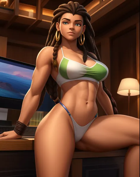 Melhor qualidade: 1.0), (super high res: 1.0), Uma mulher Moreno, uma mulher bissexual, seios  cabelo afro caindo para a frente, Rasta type but braided, com belos seios corpo perfeito com , a wide thigh is beautiful a woman, com seios lindos  uma coxa larg...