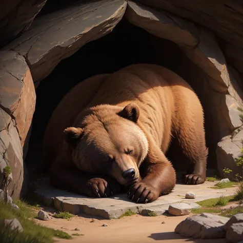 a sleeping brown bear in a cave, with physicalBitcoin on it side