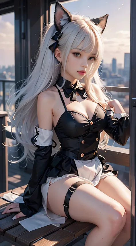 Anime girl in maid costume sitting on a bench with the city in the background, best anime 4k konachan wallpaper, fine details. girls frontline, lolish, from girls frontline, from the azur lane videogame, nightcore, azur lane style, cute anime waifu in a ni...