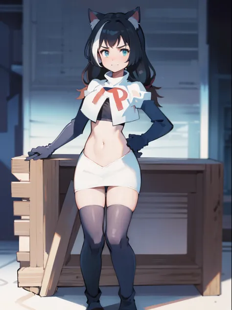 karyl,low twintails, twintails, cat tail,team rocket,team rocket uniform,white skirt,crop top,black thigh-high boots,black elbow gloves,