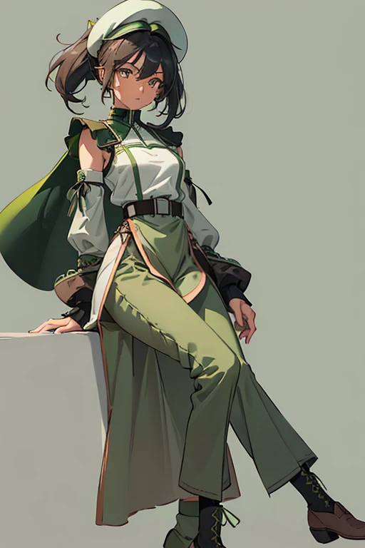 Amiria has tan skin, freckles below her eyes, and black hair. She wears a pale green blouse with a gray seed pattern and a light green collar, bottom trim, and sleeve ends, black pants, a brown beret that has a light green visor with stitches, and green an...