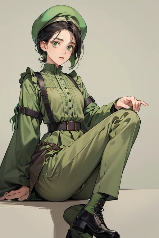 Amiria has tan skin, freckles below her eyes, and black hair. She wears a pale green blouse with a gray seed pattern and a light green collar, bottom trim, and sleeve ends, black pants, a brown beret that has a light green visor with stitches, and green an...