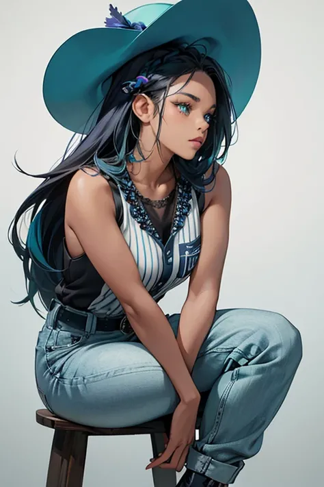 Indigo has dark skin and black hair styled into cornrows with indigo and white dyed streaks. Her head leans slightly upward and her hair is held by teal beads. She lacks eyebrows and has an indigo-colored eyeshadow instead. She wears a dark grey, white-tri...