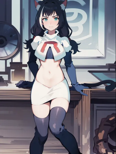 karyl,low twintails, twintails, cat tail,team rocket,team rocket uniform,white skirt,crop top,black thigh-high boots,black elbow gloves,