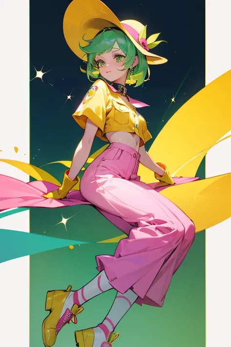 Sprinks has green hair and wears rainbow sprinkles makeup on her whole body. She wears a yellow hat with a sun symbol and pink trim, a pink shirt with cotton buttons and a yellow collar, and yellow gloves. She also wears pink pants, a long white skirt with...