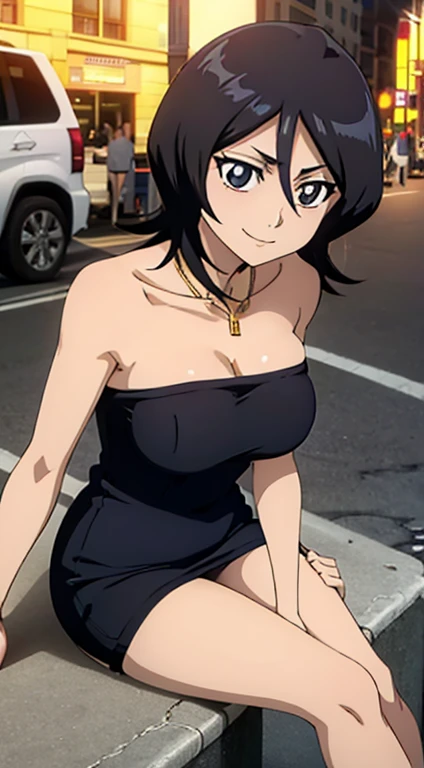 Smile, strapless tube dress, looks into camera，The upper part of the body，Black color hair, City streets，big breast，cleavage, golden necklace, best quality, masterpiece