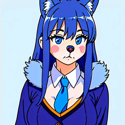 1girl, blue fur, wolf girl, medium breasts, school uniform, portrait, simple background, (furry:1.5)