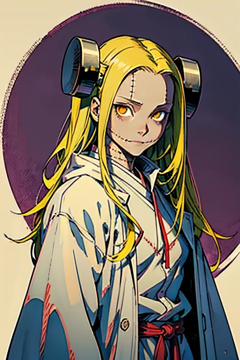 madaraki_fran,a  girl , stands , surgeon&#39;s robe , background simple , clear face , clean hands , hairlong , yellow hair,seam...