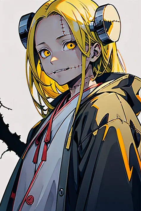 Madaraki_Fran,A  girl , stands , surgeon&#39;s robe , background simple , clear face , Clean hands , hairlong , yellow hair,seams , Scars on the body , A creepy look , scary eyes , An intimidating look , creepy smile , bags under eyes