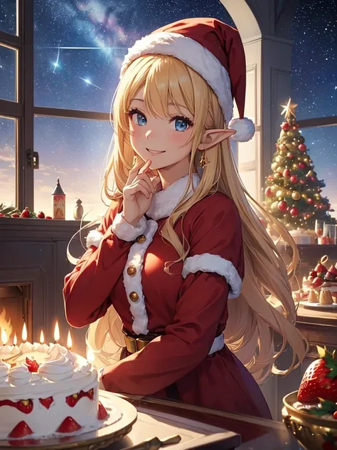 top-quality、Top image quality、​masterpiece、frontage、Super beautiful fairy elf beauty((24 year old、Best Bust,beautiful blue long ironed hair、a blond、A slender、Esbian、santa hat、Santa Clothes、hiquality、Beautiful Art、window((starrysky、UFO in the sky)))masutepi...