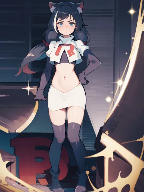 karyl,low twintails, twintails, cat tail,team rocket,team rocket uniform,white skirt,crop top,black thigh-high boots,black elbow gloves,