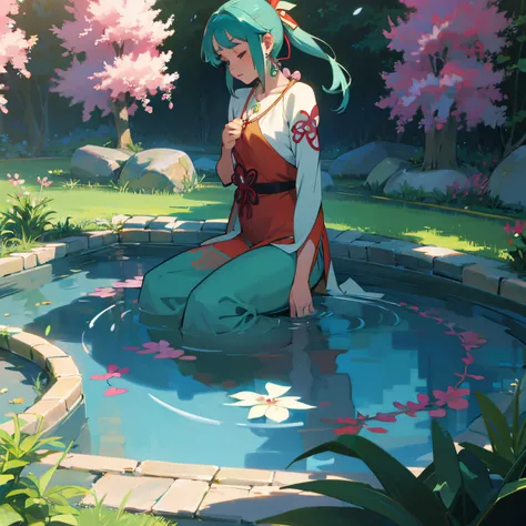 Girl meditating, Long necklaces and earrings, tranquil garden style, Colorful animated stills, Masami Teraoka, aquamarine, paul gauguin, Embry style, Honest portrayal